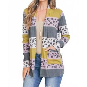 NEW PERFECT PEACH leopard color block pocket cardigan in multicolor